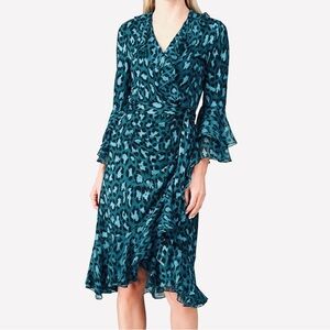 Diane Von Furstenberg Teal & Black Animal Print Midi Wrap Dress